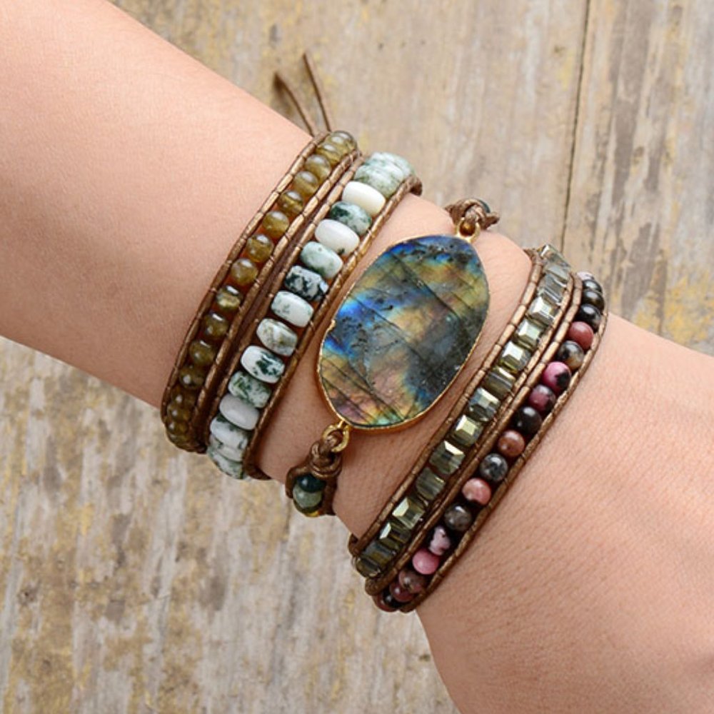 Natural Labradorite Bohemian Handmade Braided Healing Women Wrap Bracelet Gifts